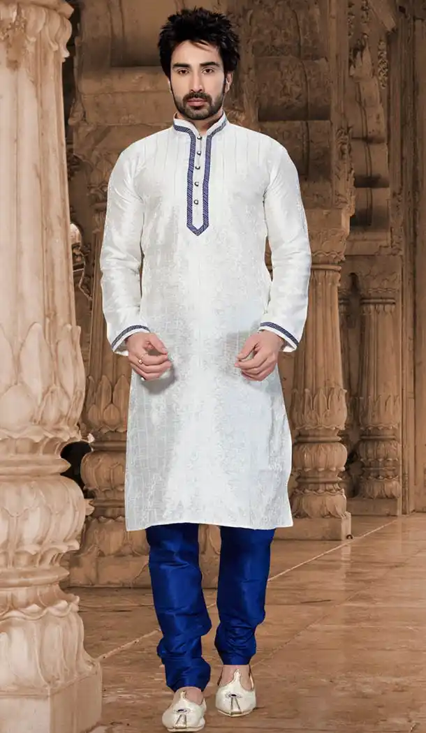Off White Color Jacquard Indo Western Style Men's Readymade Chudidar Kurta | FH428668226