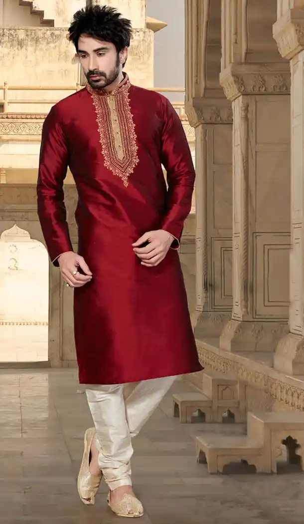 Off White Color Silk Indo Western Style Men's Readymade Chudidar Kurta | FH428668227
