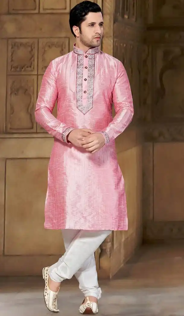 Salmon Color Dupioni Raw Silk Indo Western Style Men's Readymade Chudidar Kurta | FH428668228