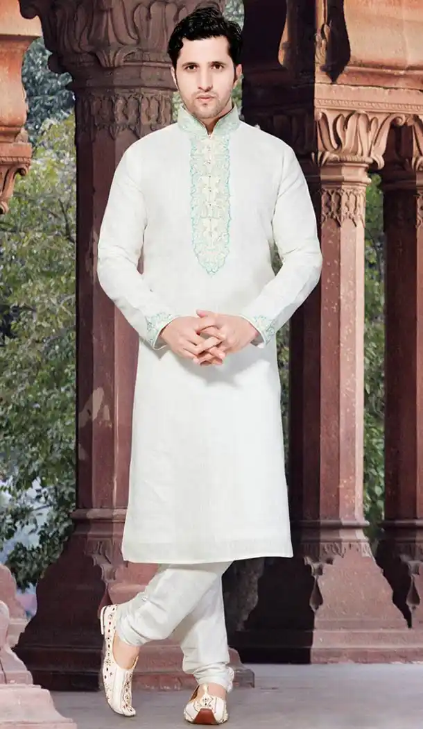 Off White Color Linen Indo Western Style Men's Readymade Chudidar Kurta | FH428668229