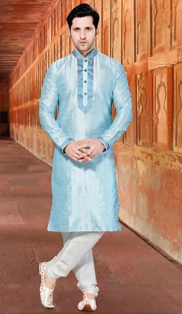 Sky Blue Color Dupioni Raw Silk Indo Western Style Men's Readymade Chudidar Kurta | FH428668230