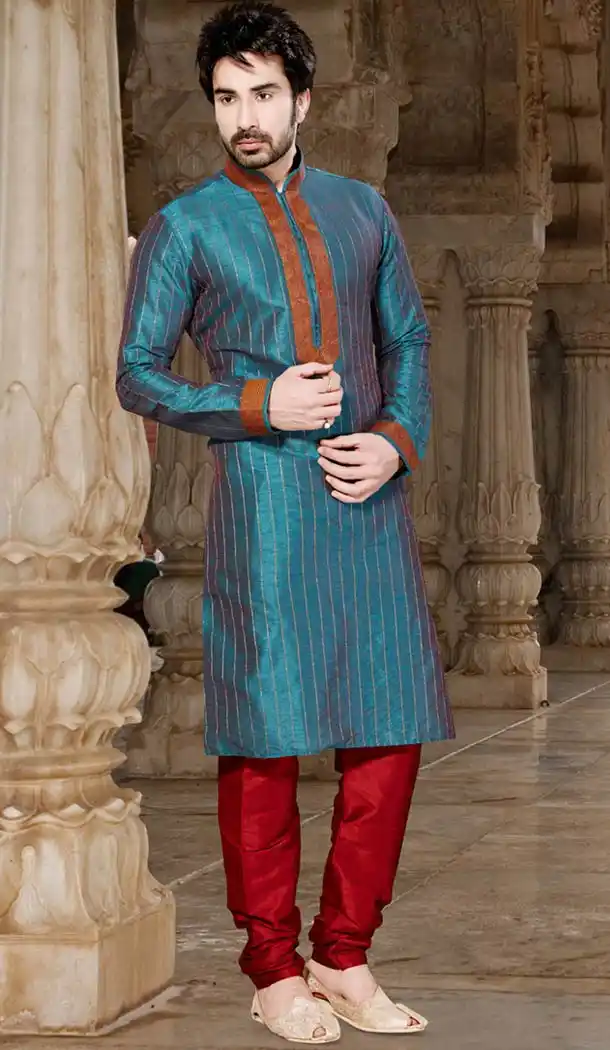 Aqua Blue Color Dupioni Raw Silk Indo Western Style Men's Readymade Chudidar Kurta | FH428668231