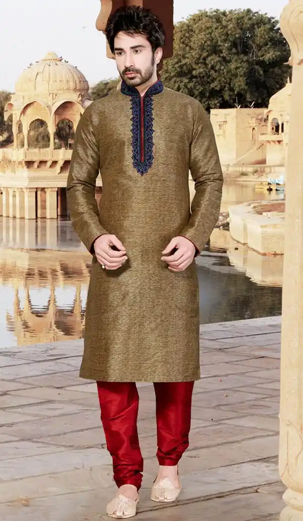Tan Brown Color Ghicha Silk Indo Western Style Men's Readymade Chudidar Kurta | FH428668232