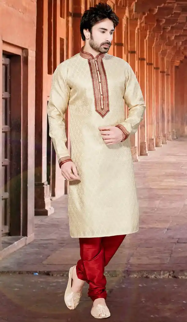 Dark Cream Color Jacquard Indo Western Style Men's Readymade Chudidar Kurta | FH428668233