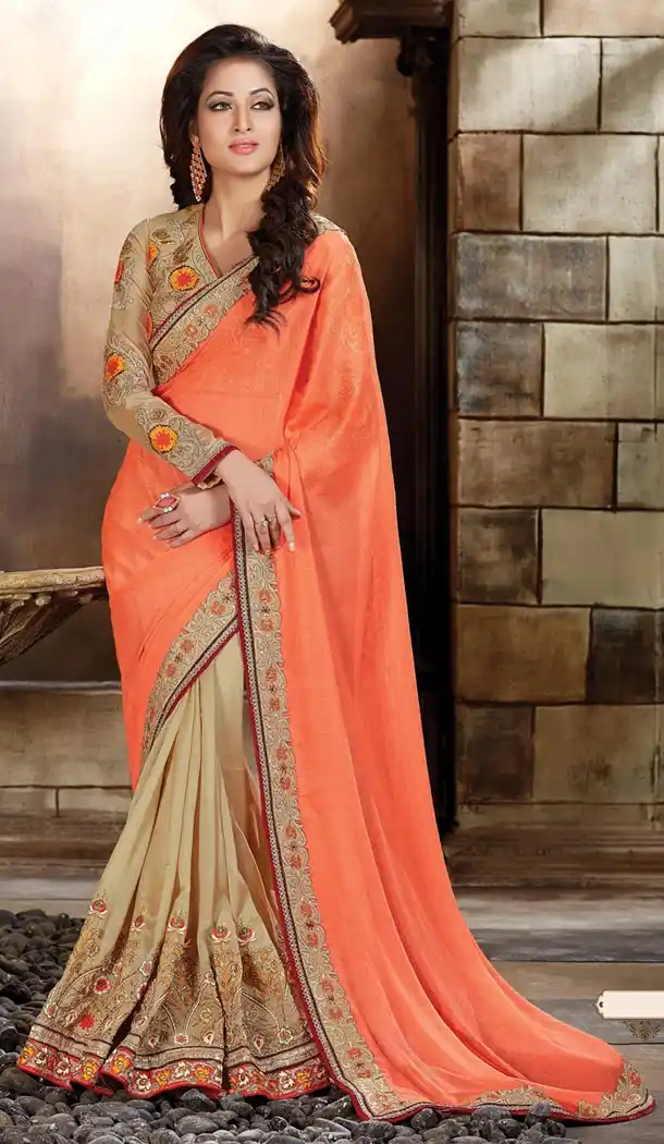 Tan Brown Chiffon Hand Embroidered Design Sarees Online | FH429268280