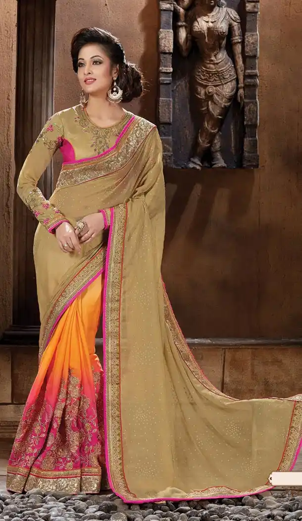 Tan Brown Jacquard Hand Embroidered Design Sarees Online | FH429268284