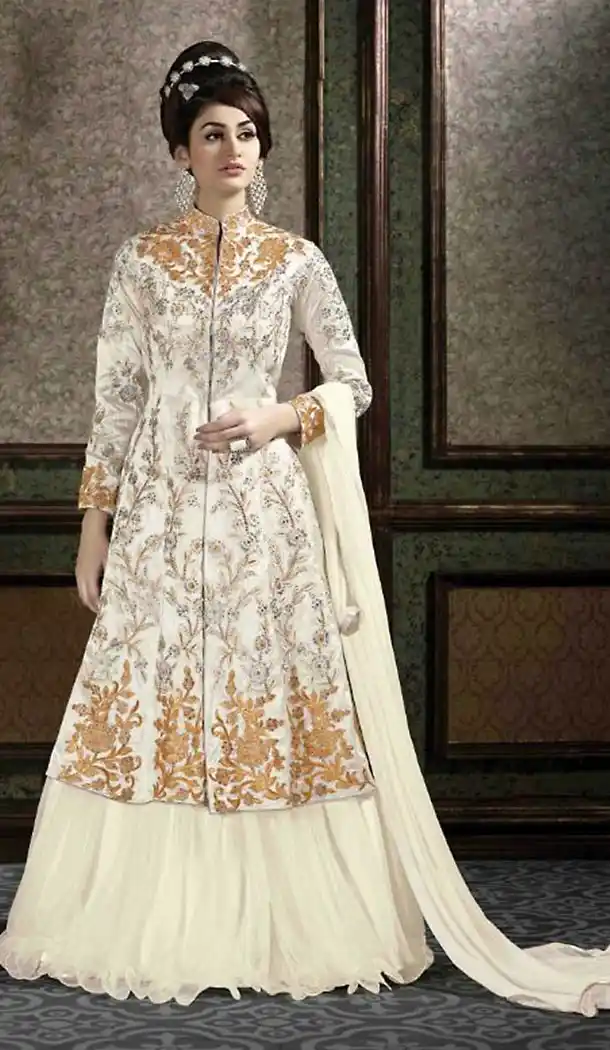 Off White Pure Silk Long Lenght Pakistani Shalwar Kameez Designs Online | FH429368797