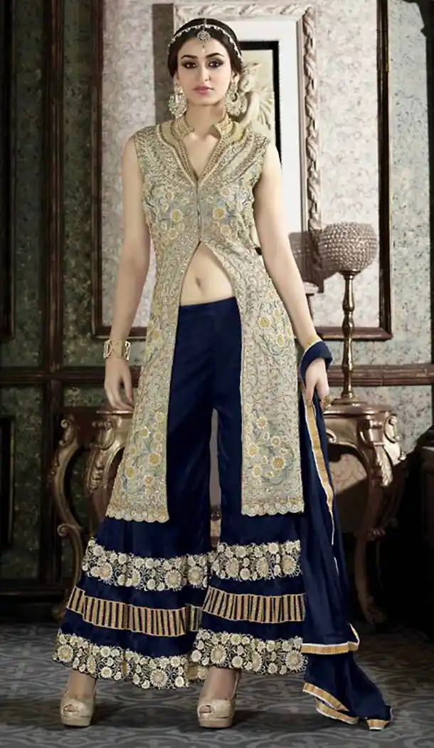 Slate Gray Georgette Long Lenght Pakistani Shalwar Kameez Designs Online | FH429368799