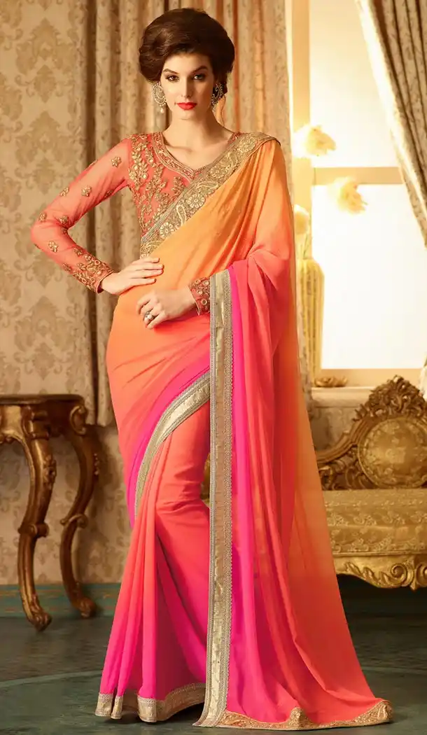 Indian Traditional Orange Color Georgette,Shimmer Saris Online Shopping | FH429468311