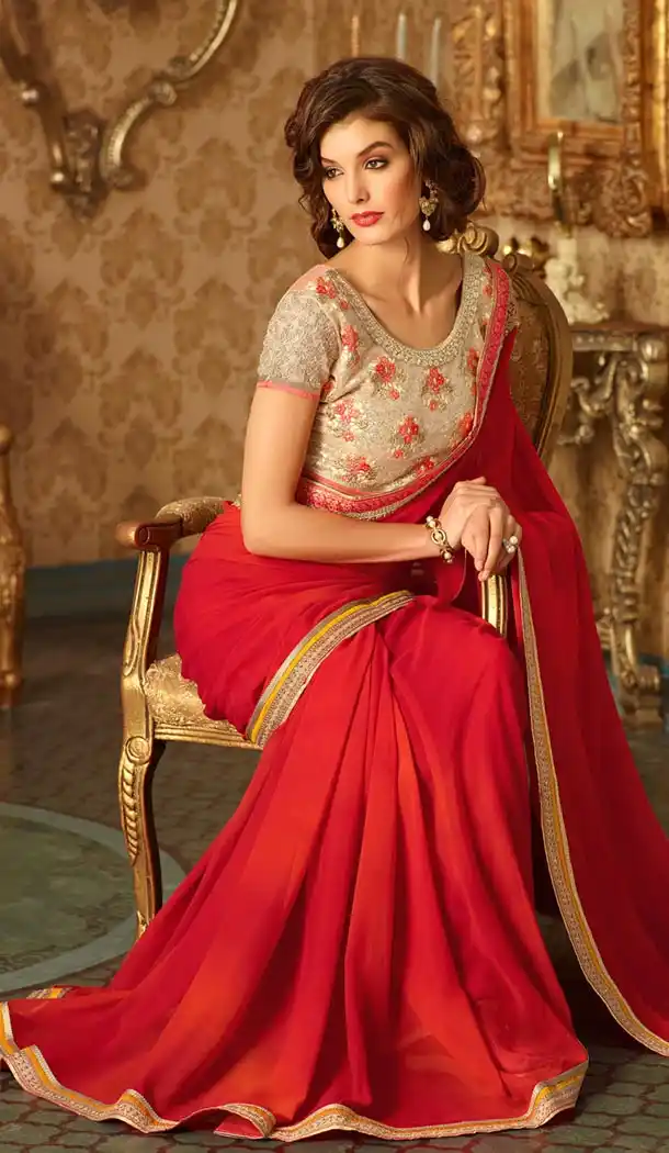 Indian Traditional Crimson Color Georgette,Shimmer Saris Online Shopping | FH429468313