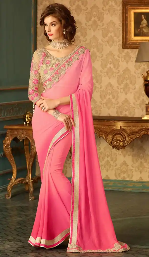 Indian Traditional Salmon Color Georgette,Shimmer Saris Online Shopping | FH429468319