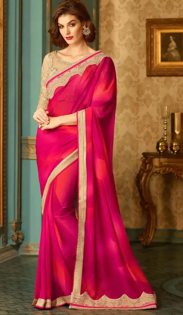 Indian Traditional Deep Pink Color Georgette,Shimmer Saris Online Shopping | FH429468320