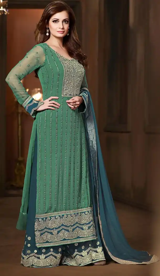 Buy Bollywood Diya Mirza Designer Salwar Kameez in Chiffon and Emerald Color | FH429668353