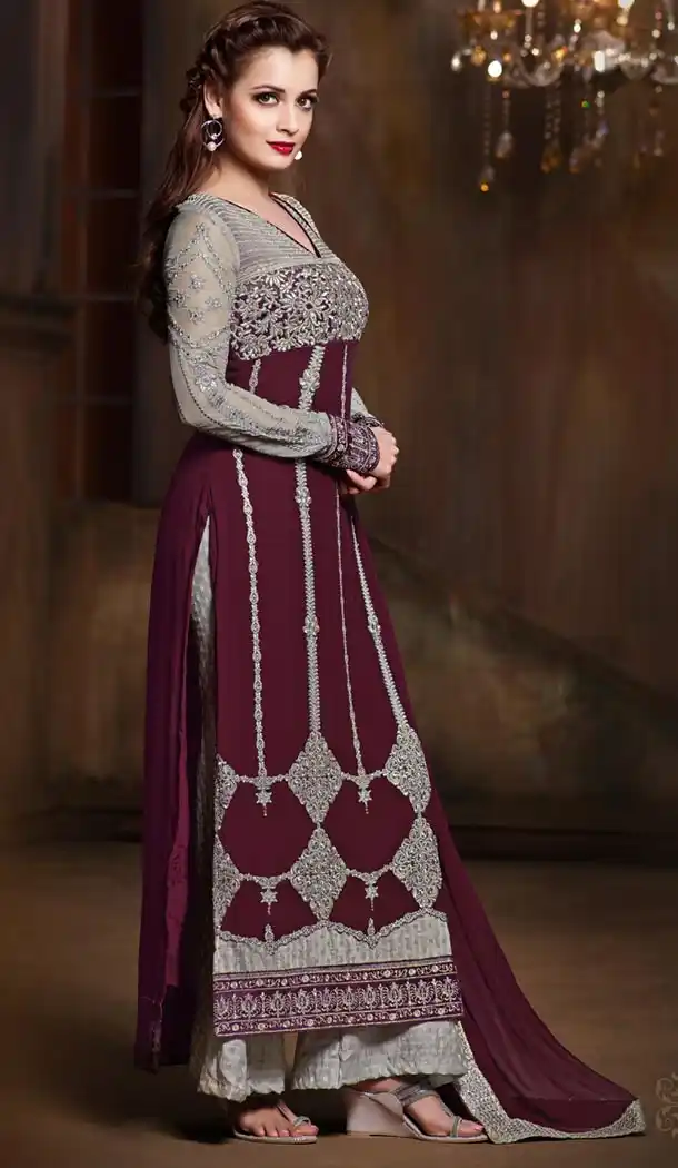 Buy Bollywood Diya Mirza Designer Salwar Kameez in Chiffon and Dove Color | FH429668355