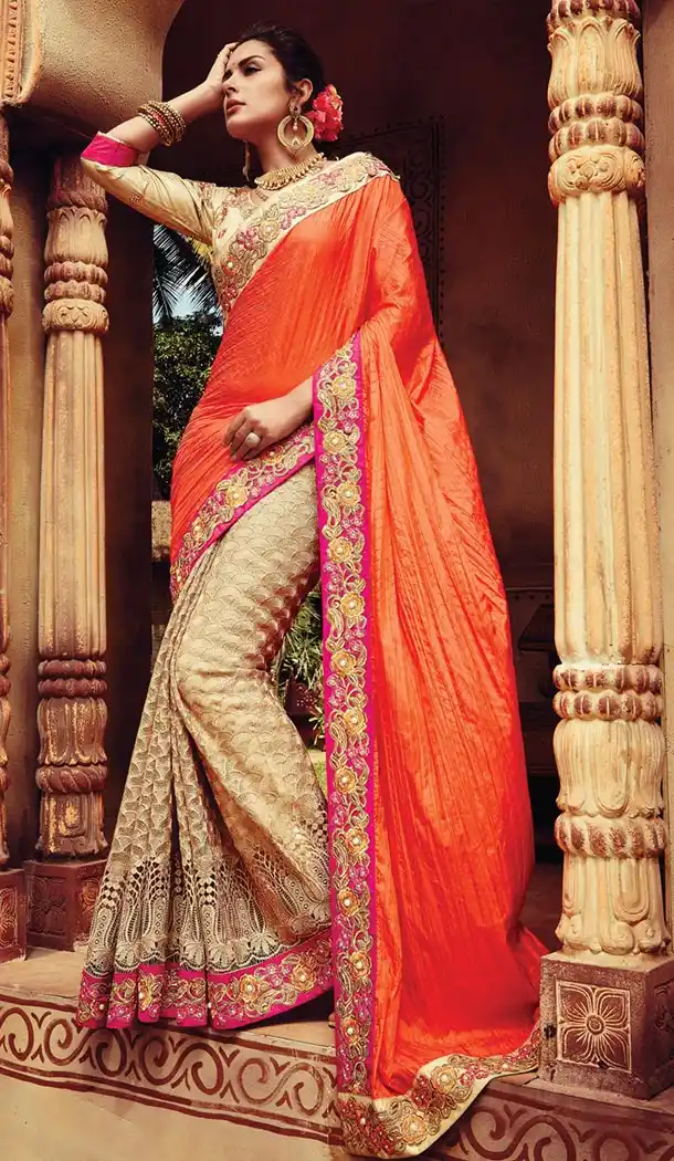 Indian Traditional Georgette,Net and Orange Sarees Online Shopping | FH429768340