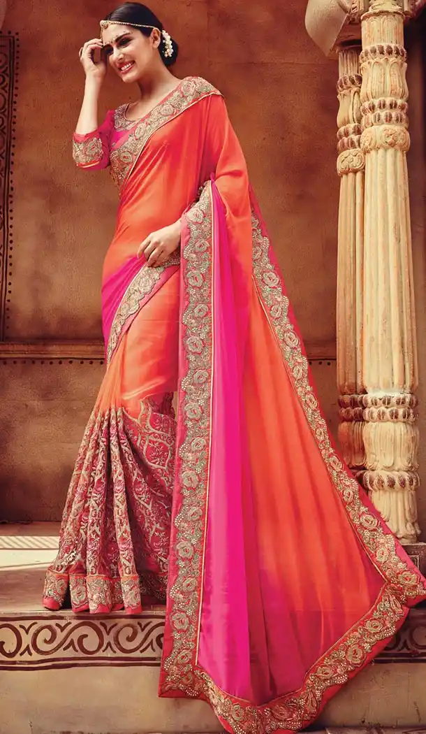 Indian Traditional Georgette,Net and Orange Sarees Online Shopping | FH429768344