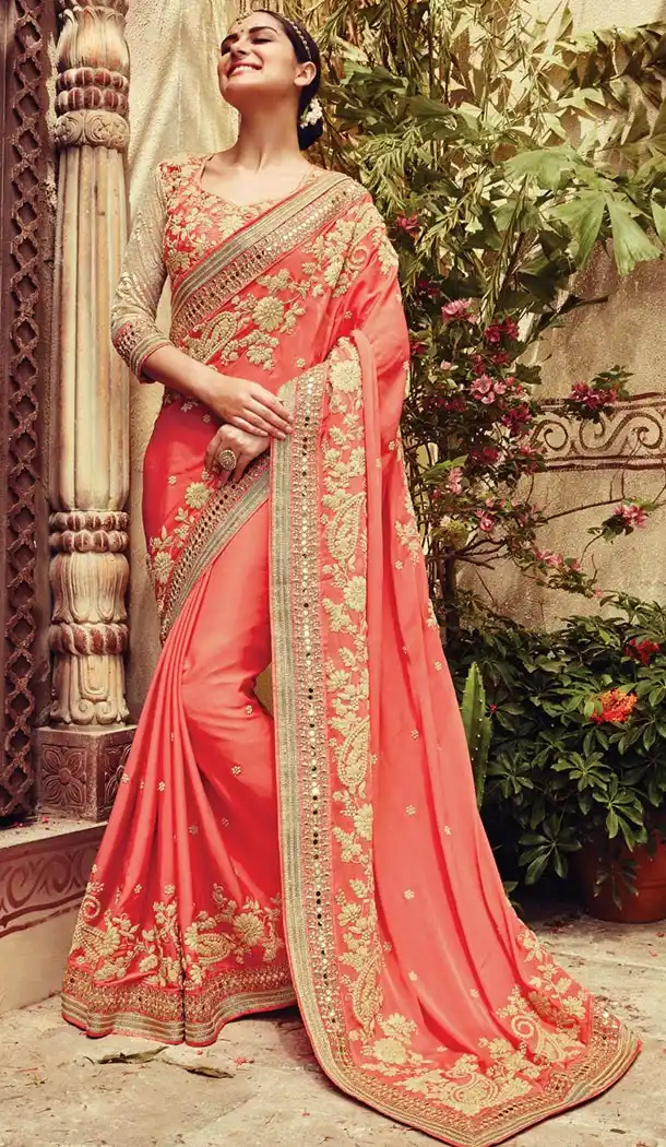 Indian Traditional Georgette,Net and Salmon Sarees Online Shopping | FH429768347