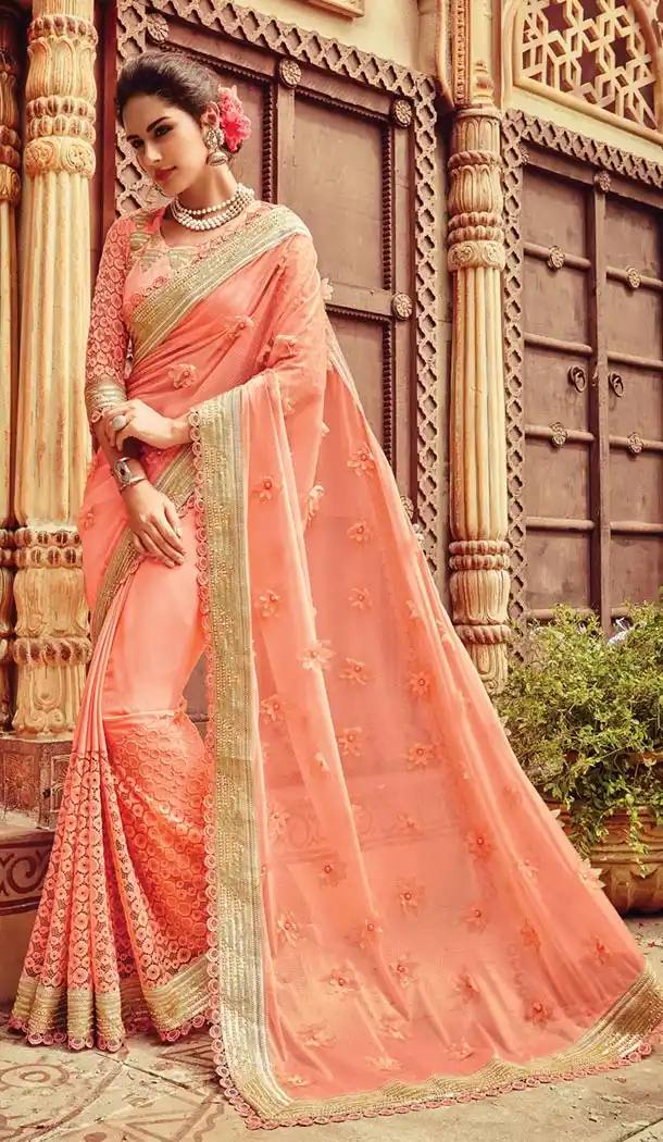 Indian Traditional Georgette,Net and Apricot Sarees Online Shopping | FH429768349