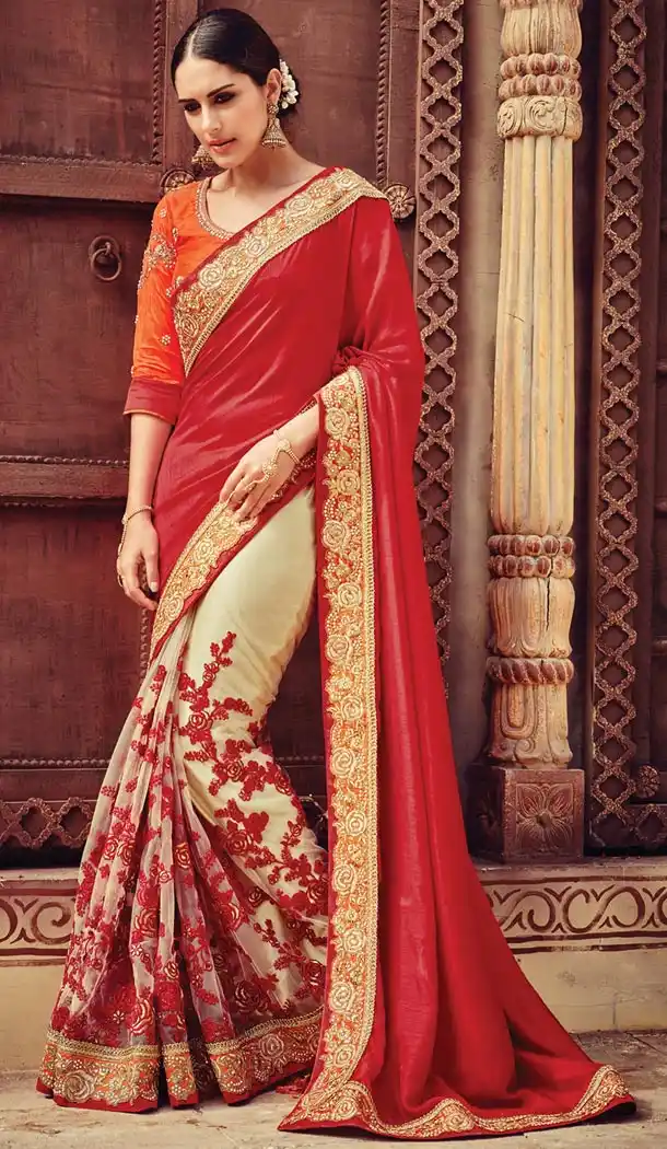 Indian Traditional Georgette,Net and Beige Sarees Online Shopping | FH429768351