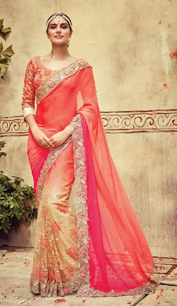 Indian Traditional Georgette,Net and Beige Sarees Online Shopping | FH429768352