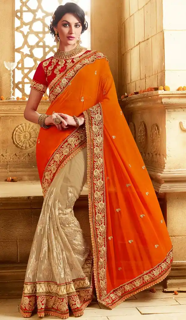 Indian Traditional Georgette,Net and Deep Orange Sarees Online Shopping | FH429868360