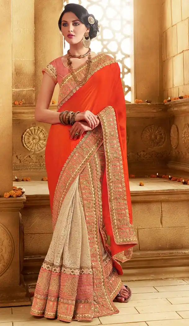 Indian Traditional Net,Silk and Deep Orange Sarees Online Shopping | FH429868366