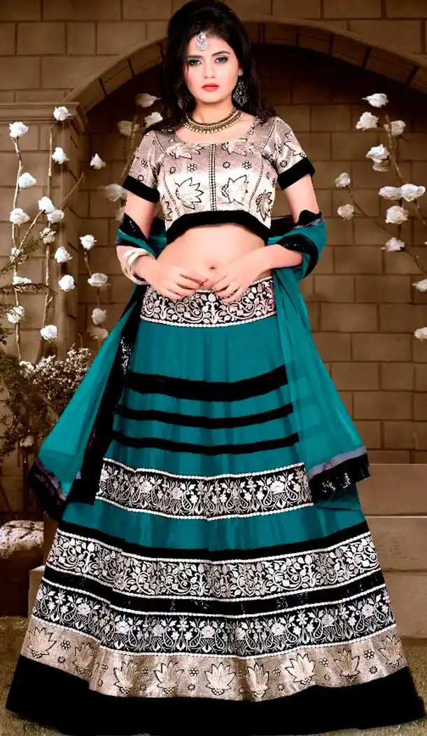 Teal Blue Silk A Line Lehenga Ghagra Choli Online | FH430268422