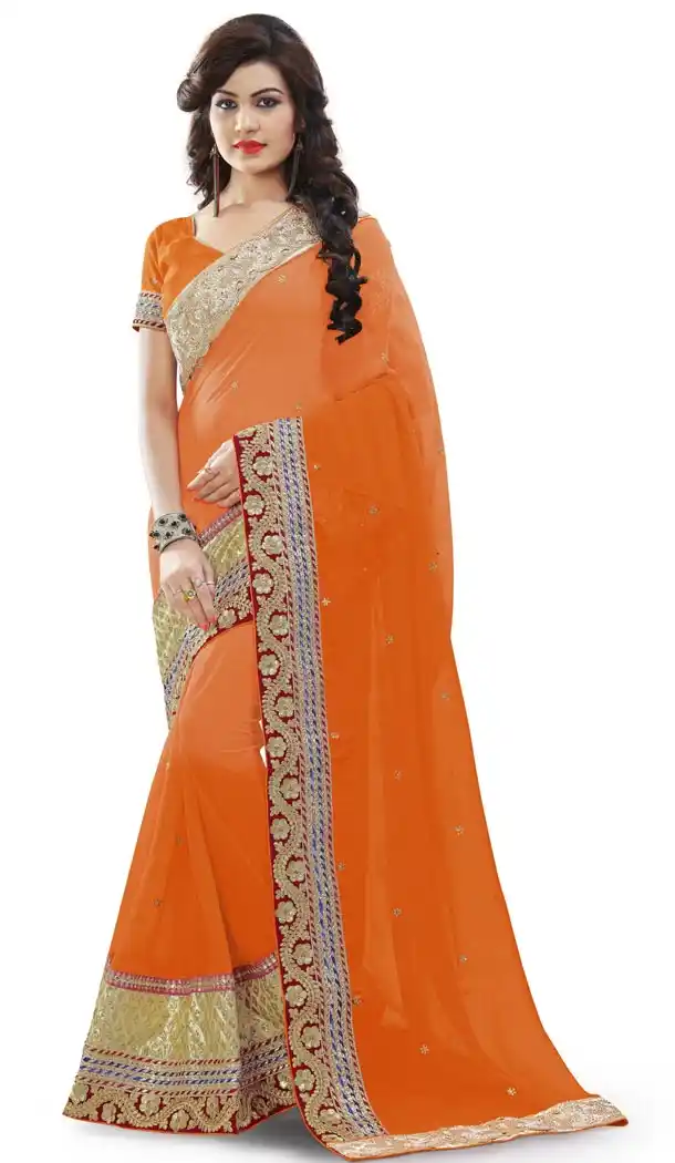 Orange Georgette Designer Saris with Readymde Blouse | FH430368423