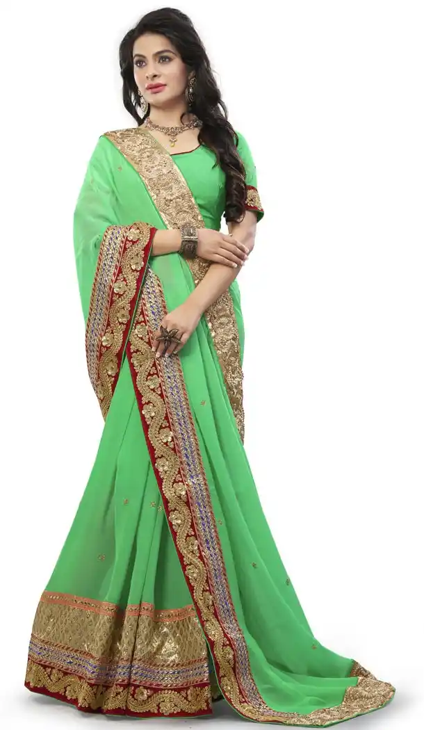 Lime Green Georgette Designer Saris with Readymde Blouse | FH430368425
