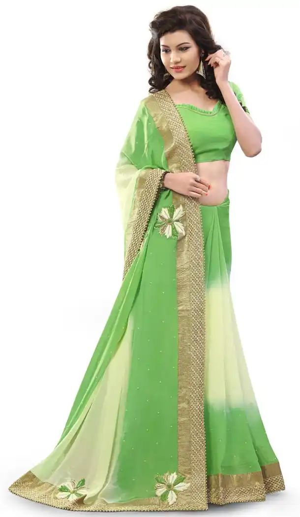Lime Green Georgette Designer Saris with Readymde Blouse | FH430368427