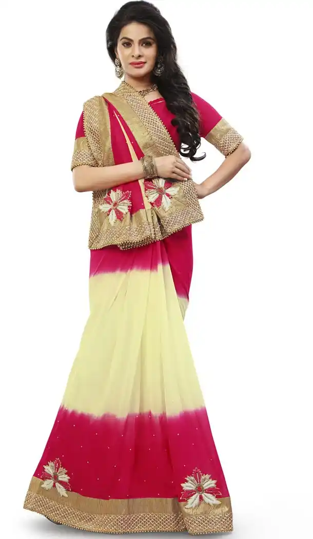 Cream Georgette Designer Saris with Readymde Blouse | FH430368428