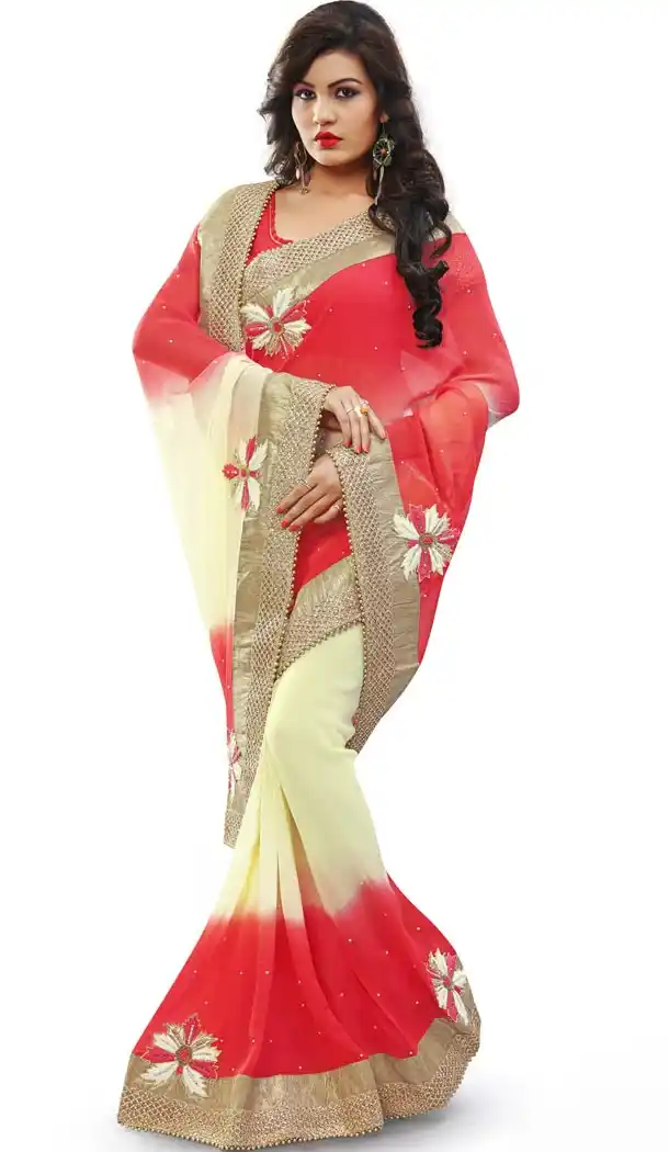 Cream Georgette Designer Saris with Readymde Blouse | FH430368429