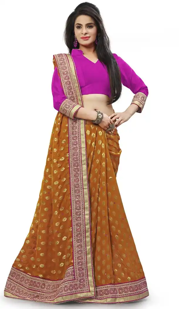 Brown Georgette Designer Saris with Readymde Blouse | FH430368434