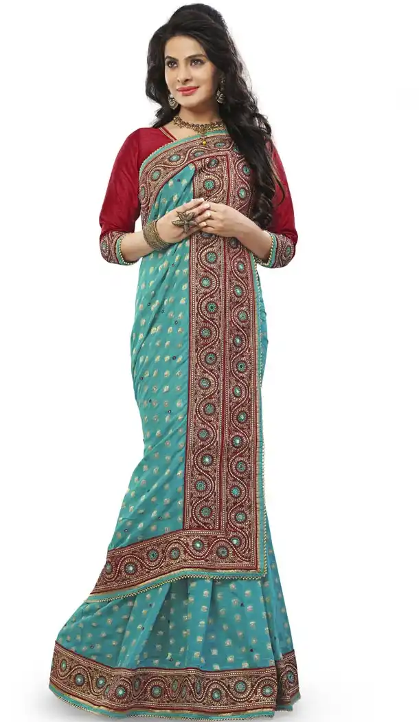 Turquoise Georgette Designer Saris with Readymde Blouse | FH430368436