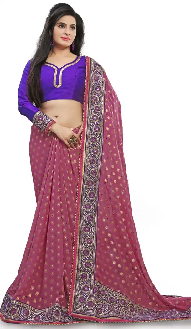 Salmon Georgette Designer Saris with Readymde Blouse | FH430368437