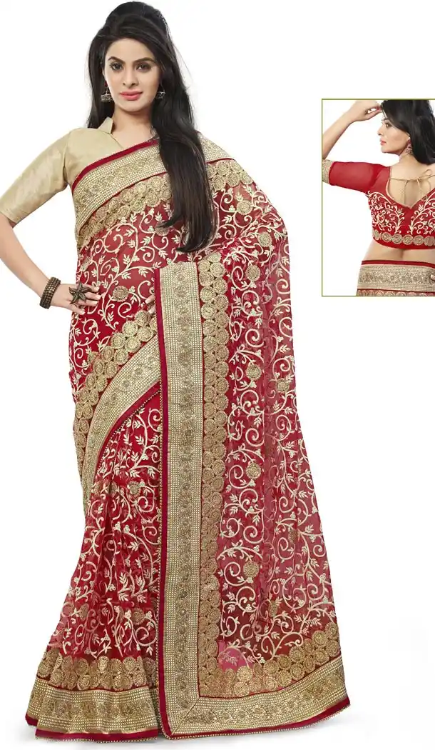 Crimson Net Designer Saris with Readymde Blouse | FH430568455
