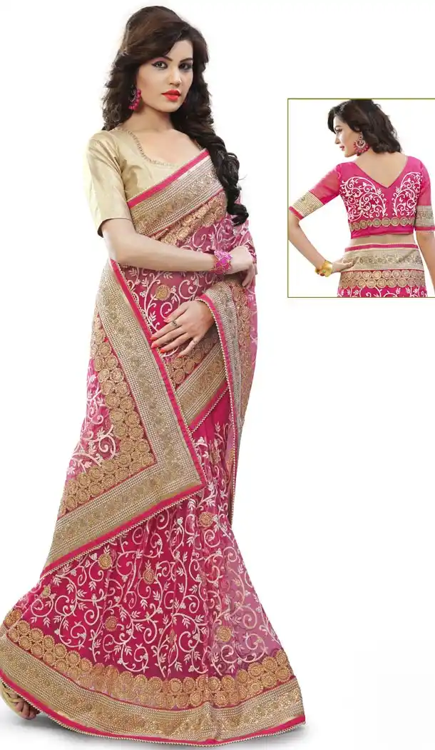 Deep Pink Net Designer Saris with Readymde Blouse | FH430568456