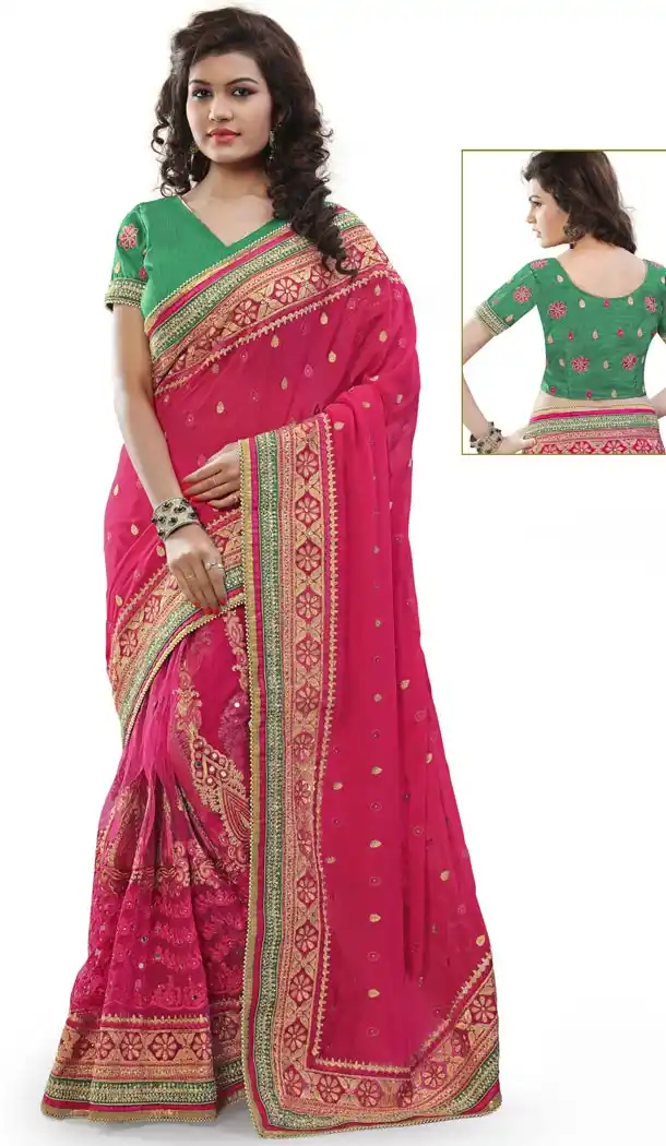 Deep Pink Net Designer Saris with Readymde Blouse | FH430568459