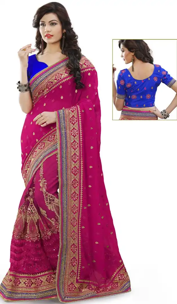 Deep Pink Net Designer Saris with Readymde Blouse | FH430568460
