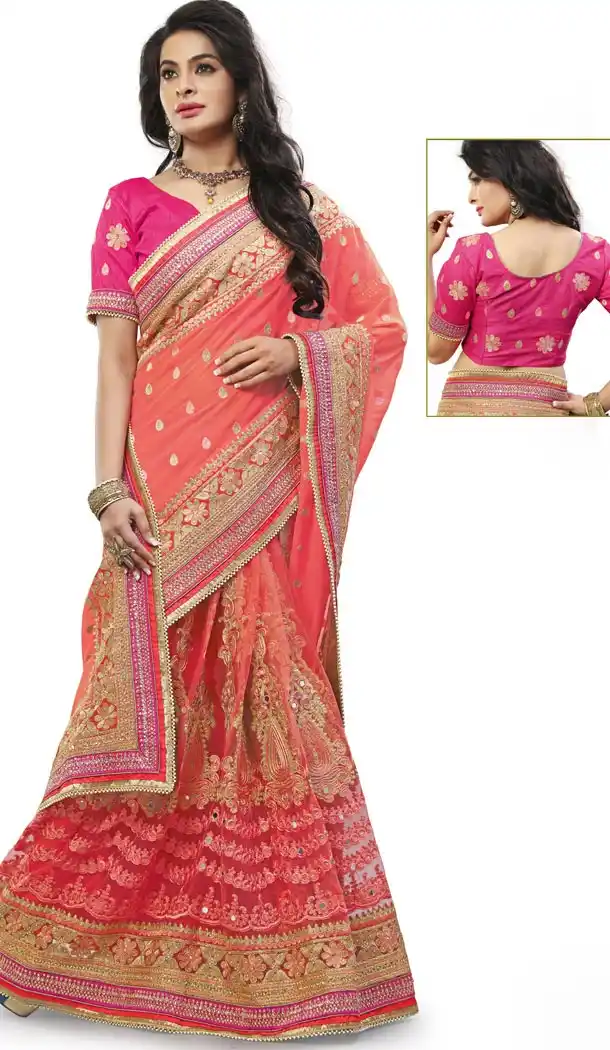 Salmon Net Designer Saris with Readymde Blouse | FH430568462