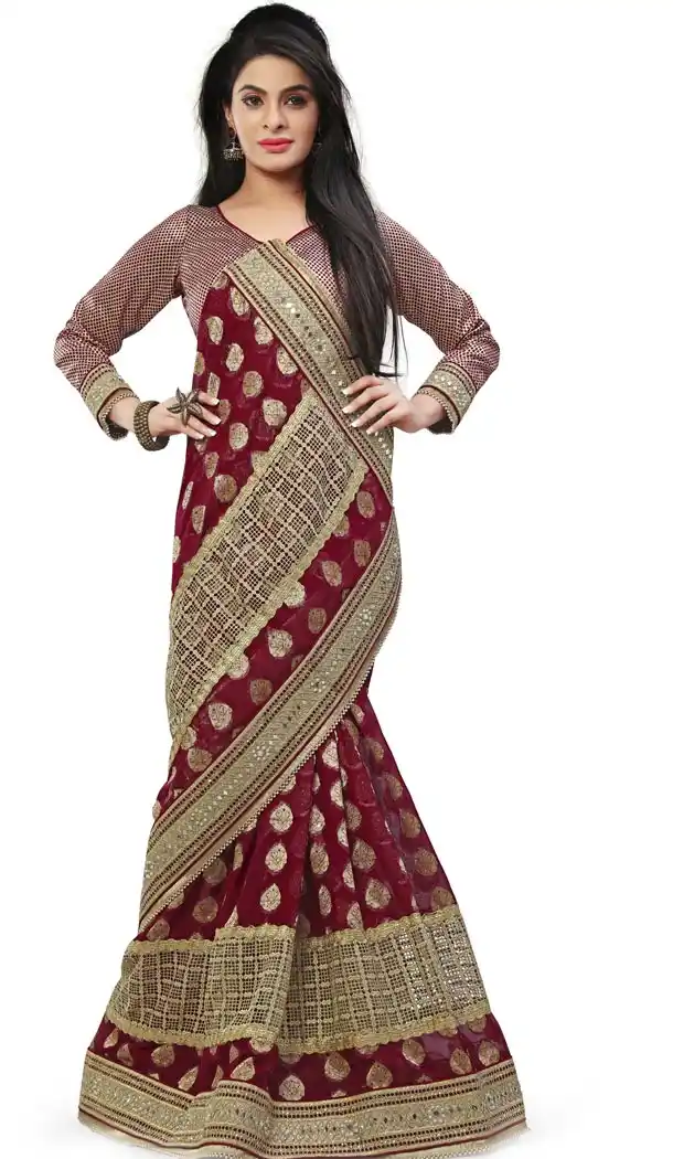Maroon Jacquard Designer Saris with Readymde Blouse | FH430568463