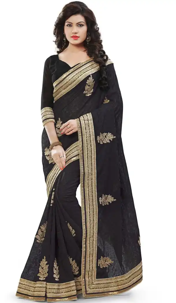 Black Georgette Designer Saris with Readymde Blouse | FH430568468