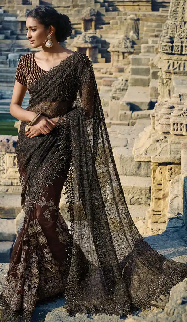 Chocolate Color Net Designers Wedding Bridal Sarees with Stitched Blouse | FH430768485