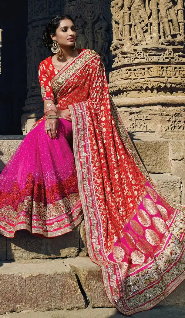 Deep Pink Color Net Designers Wedding Bridal Sarees with Stitched Blouse | FH430768486