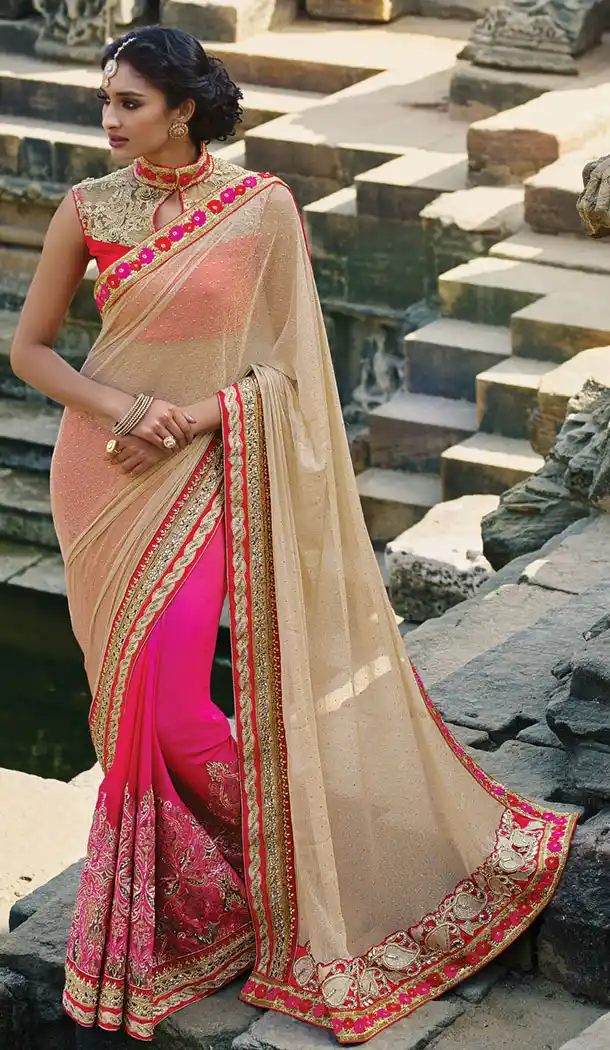 Deep Pink Color Chiffon,Lycra Designers Wedding Bridal Sarees with Stitched Blouse | FH430768487