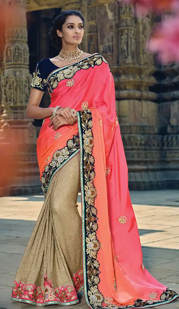 Tan Brown Color Satin,Imported Designers Wedding Bridal Sarees with Stitched Blouse | FH430768488