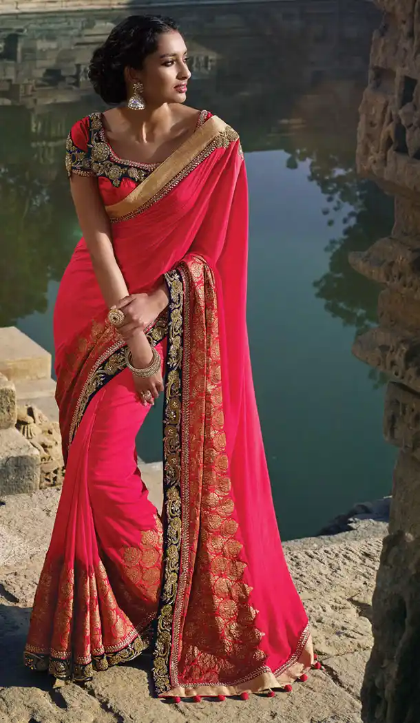 Deep Pink Color Silk Designers Wedding Bridal Sarees with Stitched Blouse | FH430768489
