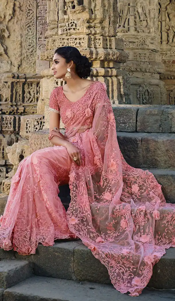 Salmon Color Net Designers Wedding Bridal Sarees with Stitched Blouse | FH430768490