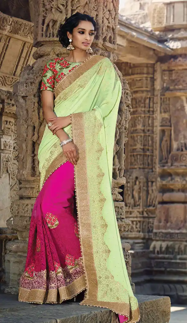 Deep Pink Color Net Designers Wedding Bridal Sarees with Stitched Blouse | FH430768491