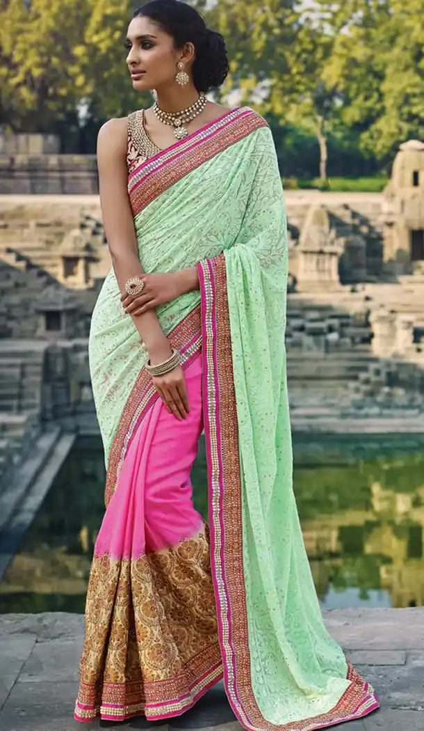 Rose Pink Color Chiffon,Silk Designers Wedding Bridal Sarees with Stitched Blouse | FH430768494